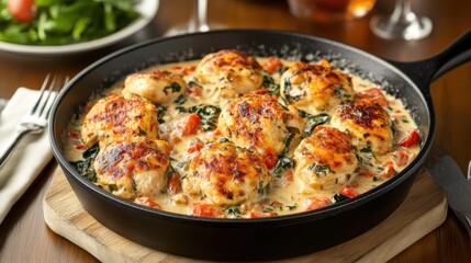 Creamy Tuscan Chicken, rich with a savory sauce, is elegantly presented in a black skillet on the table, showcasing a delectable blend of flavors and textures.
