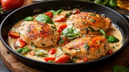 Creamy Tuscan Chicken, rich with a savory sauce, is elegantly presented in a black skillet on the table, showcasing a delectable blend of flavors and textures.