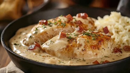 Creamy Tuscan Chicken, rich with a savory sauce, is elegantly presented in a black skillet on the table, showcasing a delectable blend of flavors and textures.