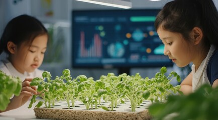 Children learning about hydroponics and plant growth.