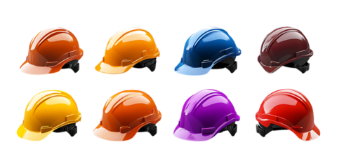 A row of eight colorful safety hard hats are displayed neatly across the frame isolated on a transparent background for construction advertising.