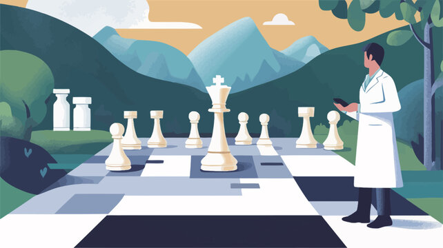 The illustration depicts a stylized chessboard situated outdoors against a backdrop of mountains and trees.  A figure resembling a doctor or scientist in a white coat stands beside the board,