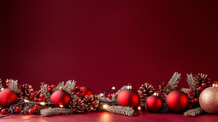 Festive Christmas Flat Lay  Red Baubles  Lights  Pine Cones  Berries