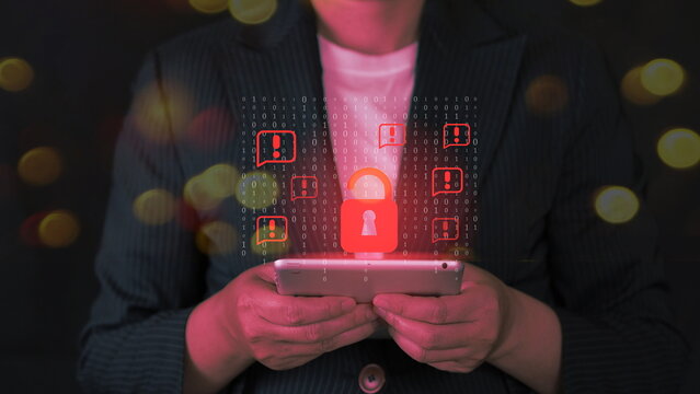 Hacker with tablet and digital lock.Cyber ​​security and internet data protection concept.