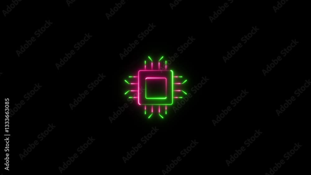 Poster neon computer processor with microchip cpu icon animation isolated on the black background. hd video