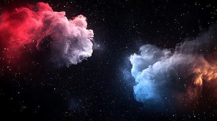 Colorful nebulae swirling in deep space, with vibrant red, pink, blue, and orange hues against a dark starry background.