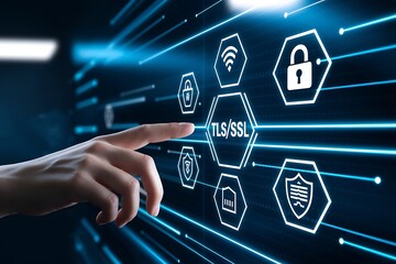 TLS/SSL Security Concept &ndash; Data Encryption & Cybersecurity Protection, digital certificate, HTTPS, SSL certificate, TLS certificate, encryption technology, cyber protection, network security.