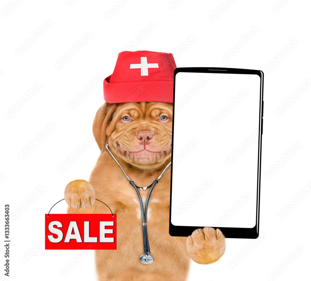 Poster smiling mastiff puppy wearing like a doctor with stethoscope on his neck showing big smartphone with