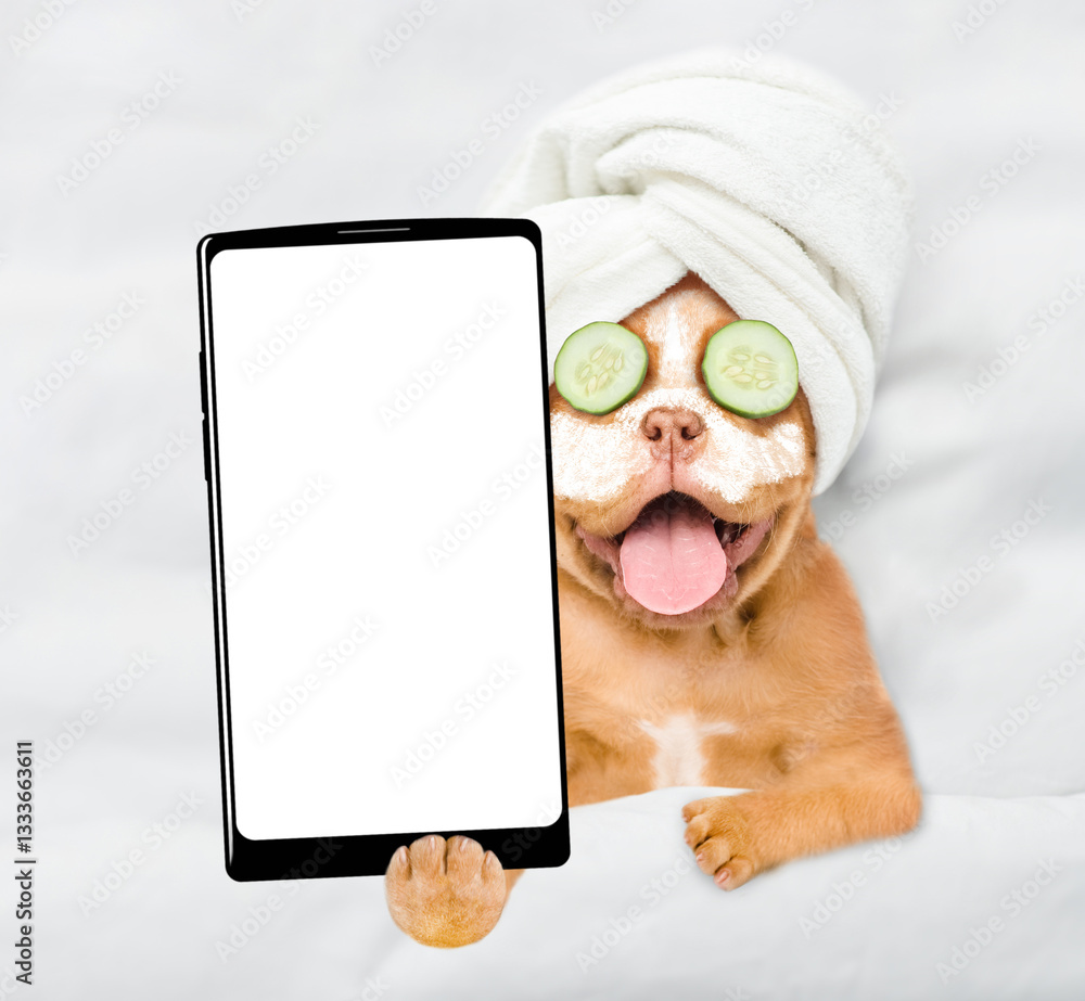Aufkleber Funny mastiff puppy with towel on it head and with a piece of cucumber on it eyes relaxing on the bed at home and showing big smartphone with white blank screen in it paw. Top down view. Empty space