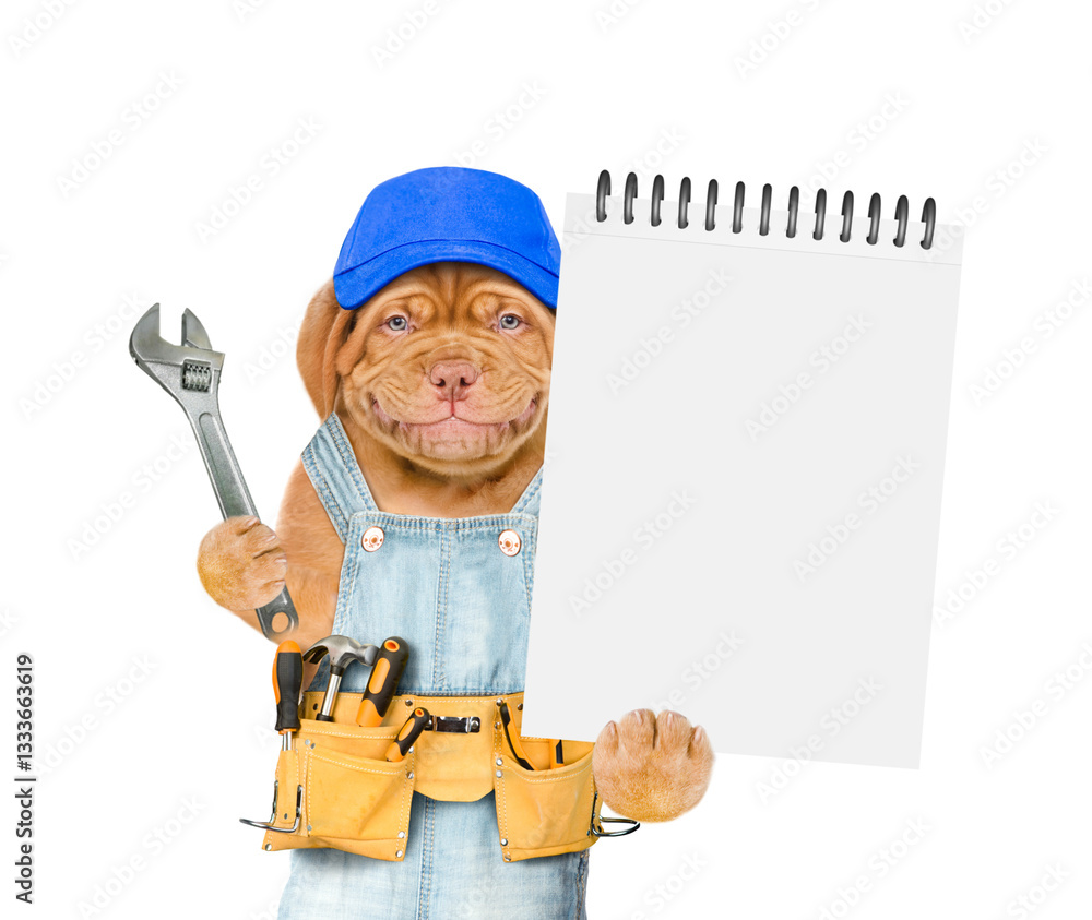 Poster smling mastiff puppy wearing blue cap and denim overalls with tool belt shows empty list and wrench.