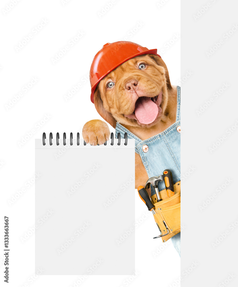 Aufkleber happy mastiff puppy wearing hardhat and denim overalls with tool belt shows empty list from behind b