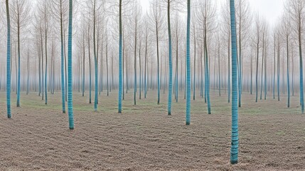 Fototapeta premium Blue-painted trees, foggy plantation, winter