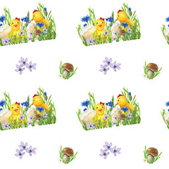 Cute chickens sitting in flowers, just hatched with mushrooms and grass, seamless watercolor pattern for textiles, children, dishes, packaging