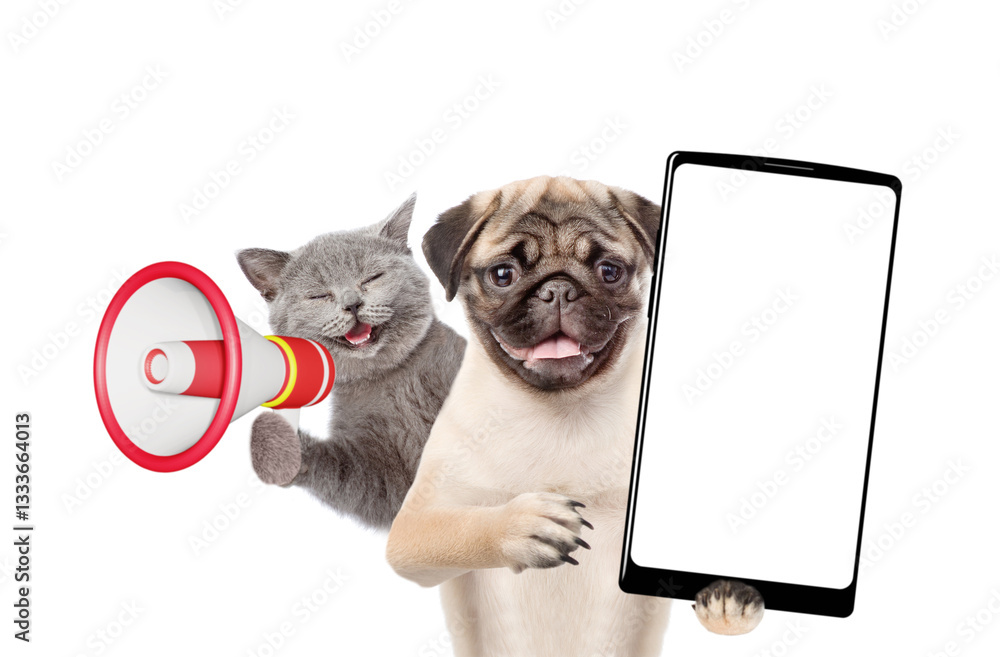 Poster dog shows smartphone with white blank screen in it paw. kitten meowing into the megaphone. empty spa