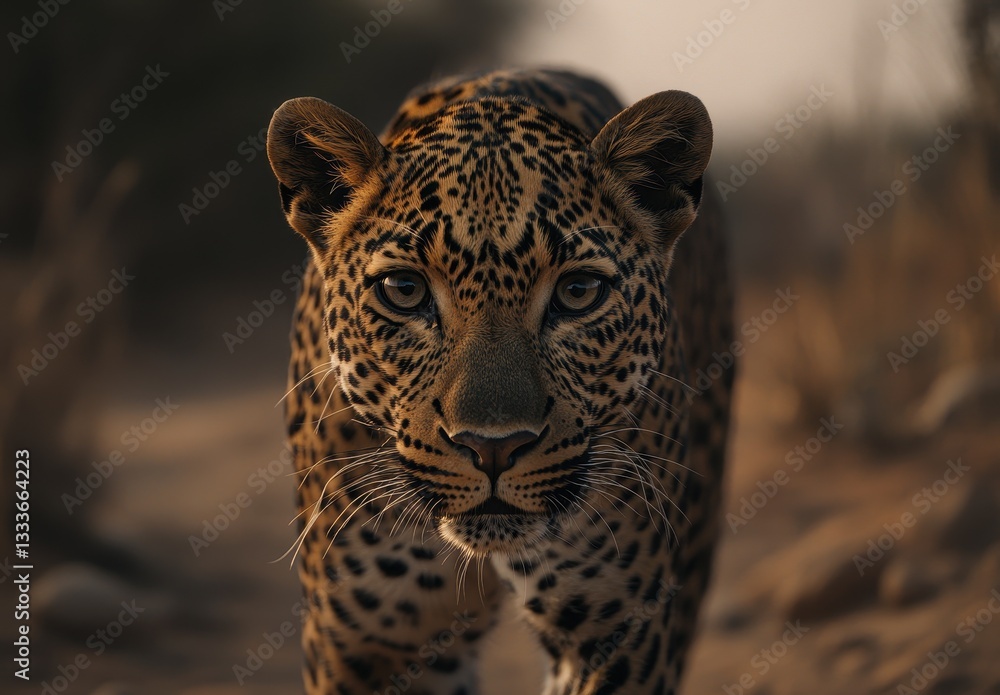 Poster captivating close-up of a majestic leopard strolling on a desert trail in soft warm light with natur