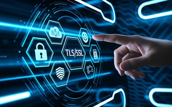 TLS/SSL Security Concept &ndash; Data Encryption & Cybersecurity Protection, digital certificate, HTTPS, SSL certificate, TLS certificate, encryption technology, cyber protection, network security.