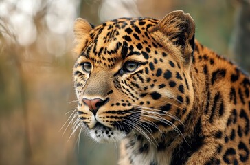 Obraz premium Captivating Close-Up of a Wild Leopard with Distinctive Spots in Natural Habitat Surrounded by Trees and Foliage in Soft Light