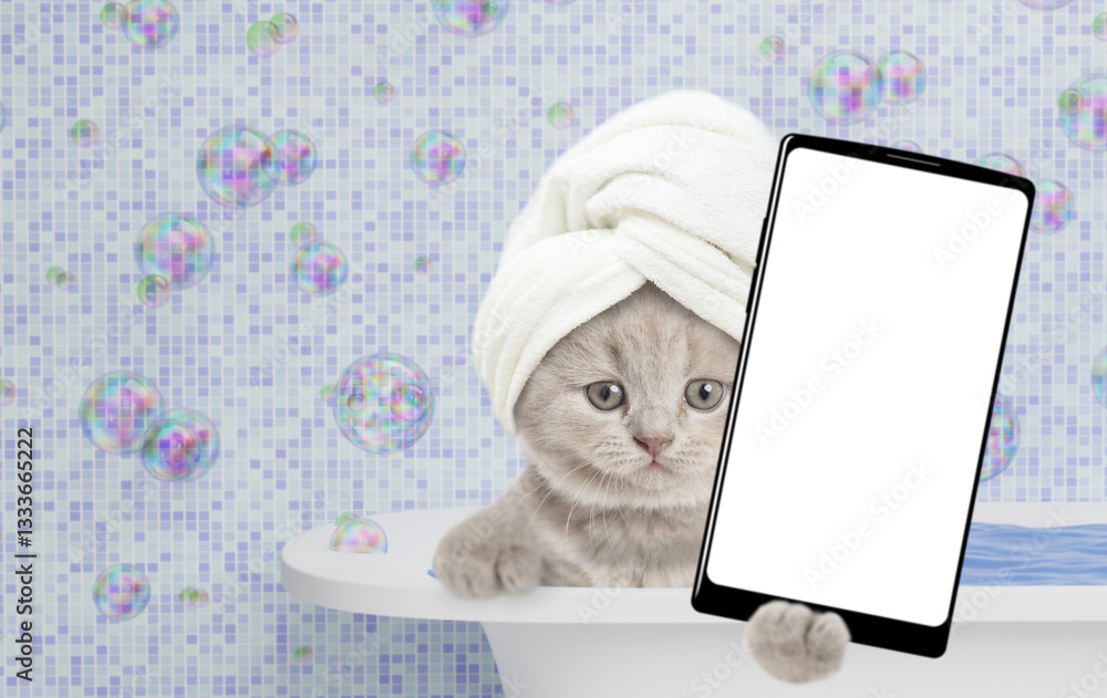 Aufkleber cute kitten with towel on it head takes the bath at home and shows big smartphone with white blank s