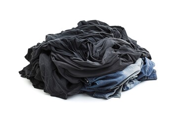 Pile of Wrinkled Dark Clothes and Jeans, Laundry, Textile Fabric Background