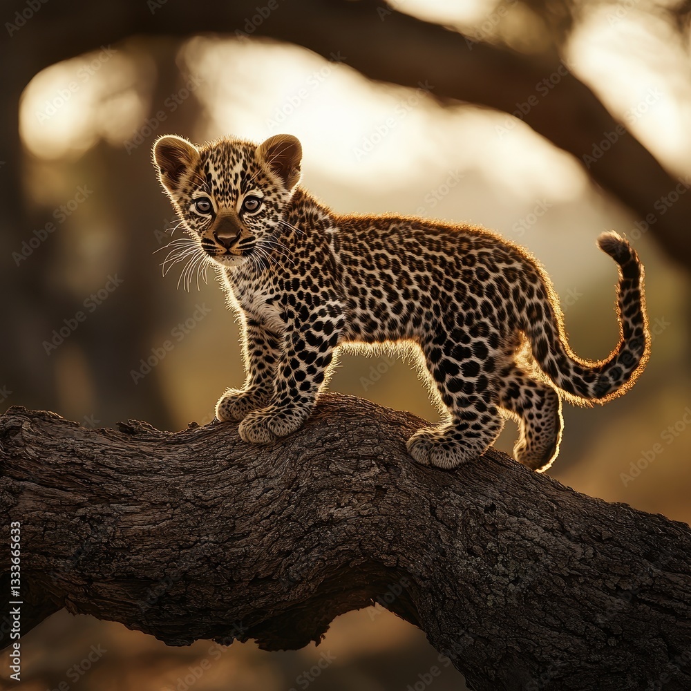 Poster captivating leopard cub standing on tree branch in golden light, showcasing playful expression and s