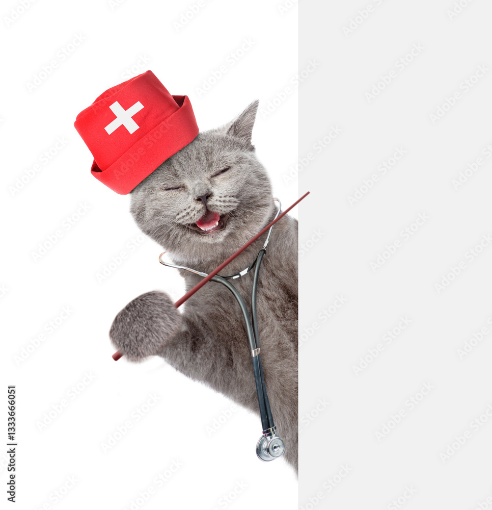 Poster happy smart cat dressed like a doctor with stethoscope on his neck looks from nehind blank white ban