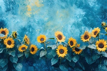 Vibrant Sunflowers on Teal Textured Background Summer Floral Design
