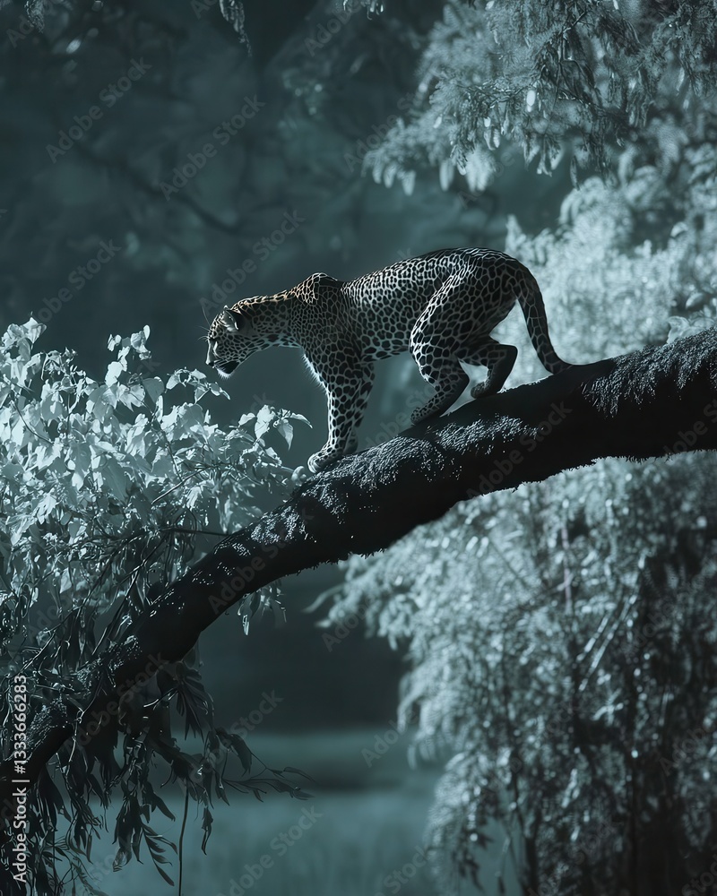 Poster captivating leopard on tree branch surrounded by lush foliage in serene forest environment at night 