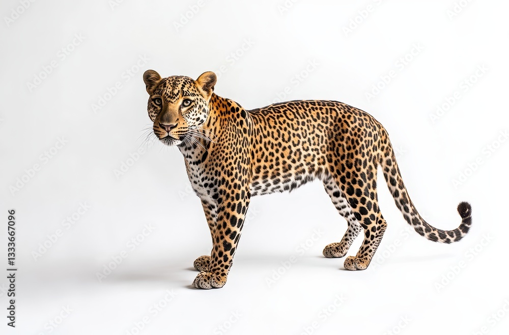 Poster captivating portrait of a majestic leopard in dynamic pose against a white background