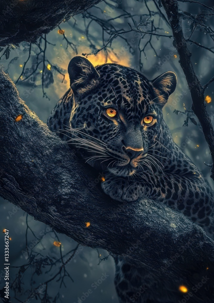 Aufkleber captivating portrait of a majestic leopard resting on a tree branch surrounded by enchanting forest 
