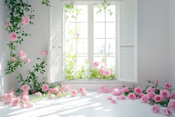 Romantic Pink Roses & White Window Beautiful Floral Spring Background