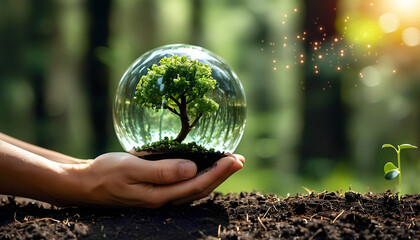 Eco-Consciousness: A visual metaphor of environmental protection, showcasing hands cradling a miniature tree inside a transparent sphere, with a seedling emerging from the soil.