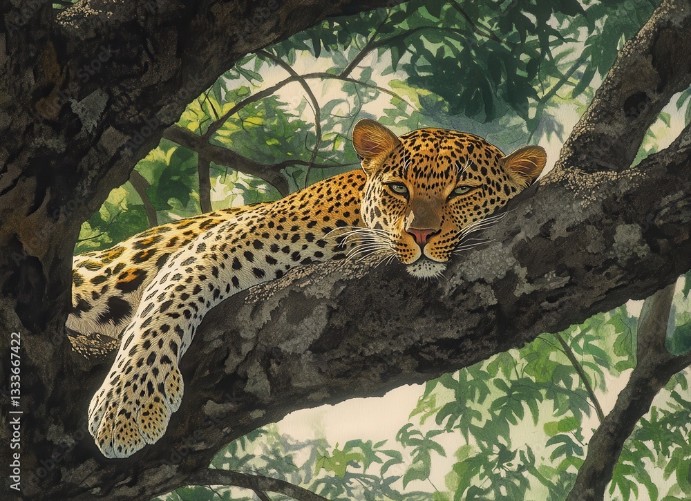 Poster captivating portrait of a relaxed leopard resting gracefully on a tree branch surrounded by lush gre