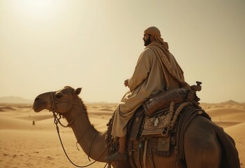 Rider on a camel exploring vast desert landscape at sunset