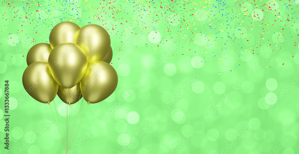 Aufkleber Bunch of gold balloons on blurred aquamarine or green background with confetti. Empty space for text. 3d rendering