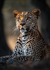 Fototapeta premium Captivating Portrait of a Young Leopard with Distinctive Spots Gazing Intently in a Natural Habitat Surrounded by Soft Evening Light