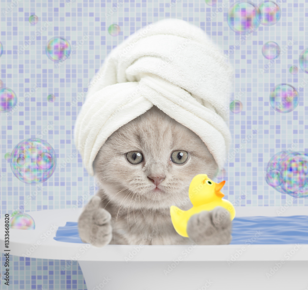 Poster cute kitten with towel on it head takes the bath with rubber duck at home and shows thumbs up gestur