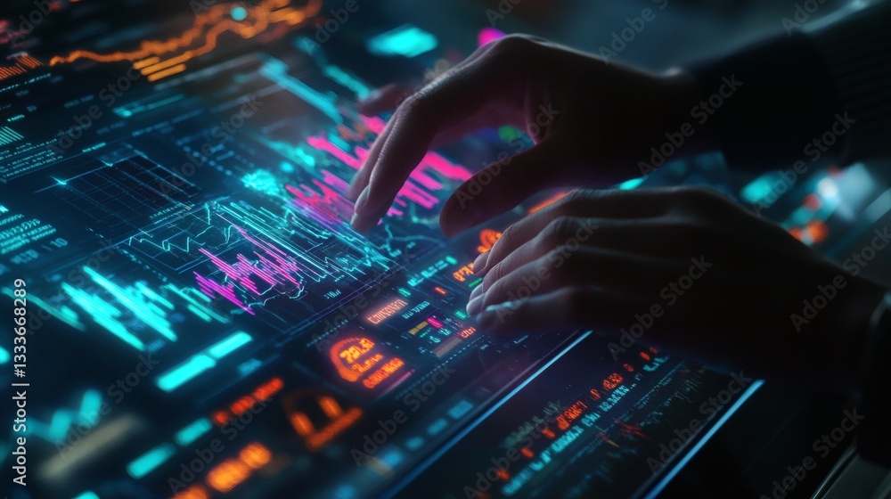 Aufkleber a close-up of a trader’s hands using a holographic trading platform, interacting with real-time stoc