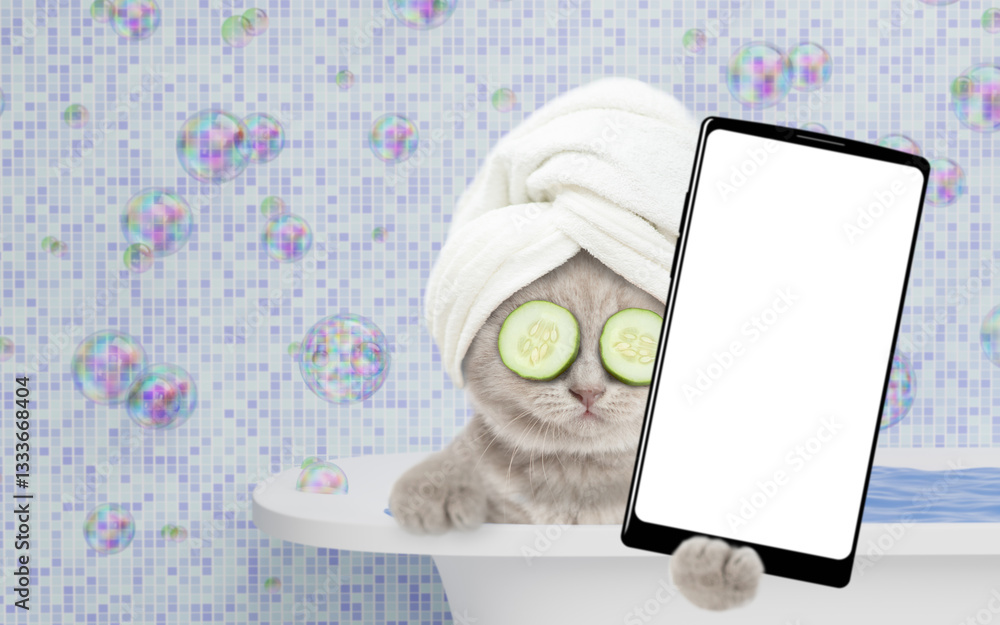Aufkleber Kitten with towel on it head, with pieces of cucumber on it eyes and with cream on it face takes the bath at home and shows big smartphone with white blank screen in it paw.  Empty space for text