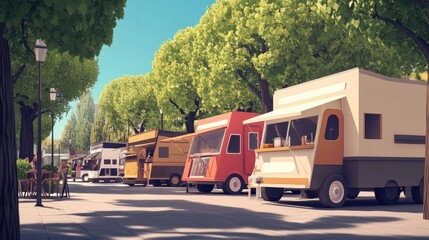 Delightful food trucks offer diverse culinary treats to park visitors under verdant trees