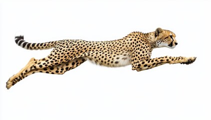 Cheetah in Mid-Air Leap Captured Against White Background, Showcasing Speed, Grace, and Athleticism of This Majestic Wild Animal