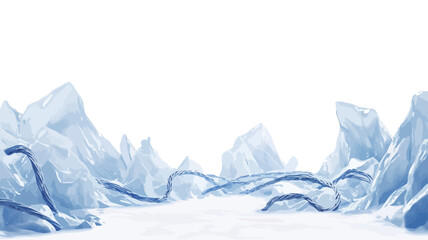 The image depicts a stylized landscape dominated by various shades of blue and white.  The foreground features a flat, snow-covered plane.  In the middle ground, several abstract, dark blue,