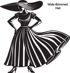 Fototapeta premium Elegant Woman in Wide-Brimmed Hat - Black Silhouette Vector Illustratio