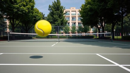 Tennis Ball Flying Over Net on Outdoor Court