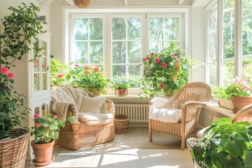 Fototapeta premium Sunlit Sanctuary: Wicker Chairs and Blooming Plants Bask in Abundant Sunlight, Creating a Serene Indoor Garden Oasis for Relaxation and Tranquility.