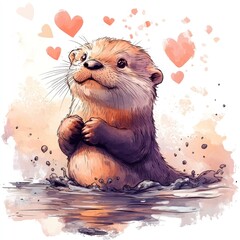 Cute otter in water with hearts, watercolor style