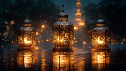 Obraz premium Ornate Lanterns Glowing at Twilight with Reflections on Water and a Lit Tower