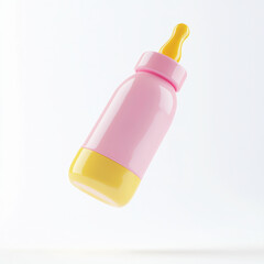3D Rendered Baby Bottle Icon, Pink and Yellow Colors on White Background.