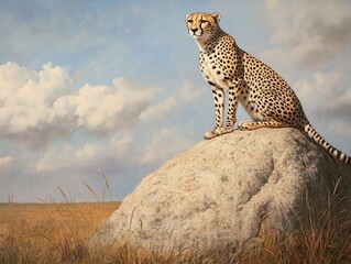 Obraz premium Cheetah Sitting Proudly on a Rock Against a Scenic Background of Open Grassland and Cloudy Sky