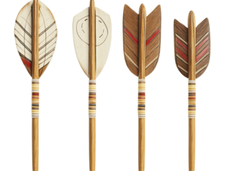 Isolated Set of Four Native American Arrows with Decorative Feathers