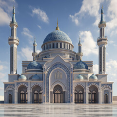 Fototapeta premium A grand white mosque with blue and gold details, featuring multiple domes and minarets against a bright blue sky.